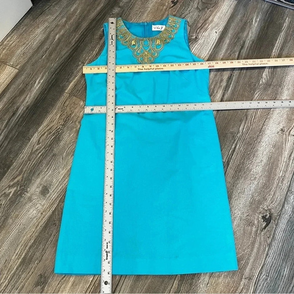 ELIZA J Linen Blend Turquoise Shift Dress Lined Gold Collar Applique Size 4 - Picture 8 of 10